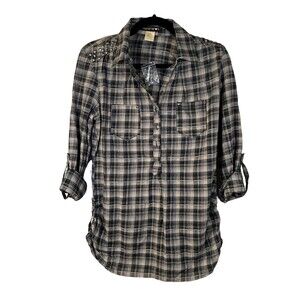 Crown of Hearts Plaid 1/4 Button Studded Embellished Shirt Women's Small New